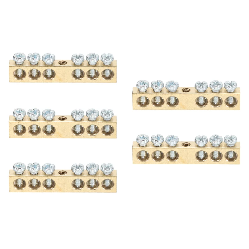5 Pcs Terminal Ground Bar 6 Positions M4 47.9x6x9mm Screw Block Barrier Brass