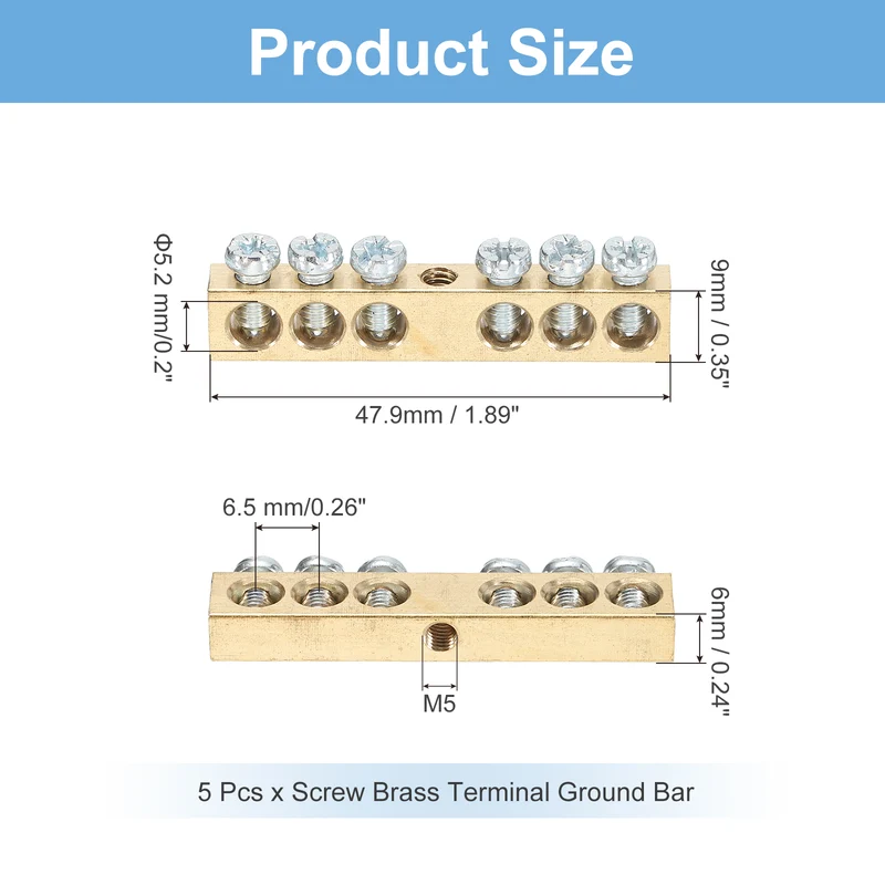 5 Pcs Terminal Ground Bar 6 Positions M4 47.9x6x9mm Screw Block Barrier Brass