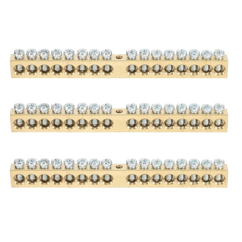 3 Pcs Terminal Ground Bar 16 Positions M5 127.8x8x12mm Screw Block Barrier Brass