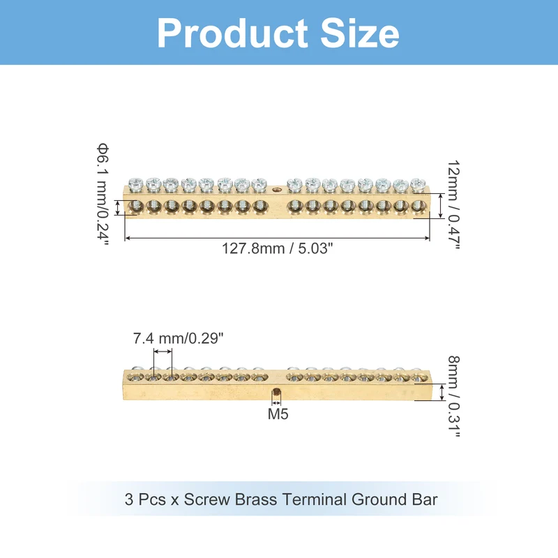 3 Pcs Terminal Ground Bar 16 Positions M5 127.8x8x12mm Screw Block Barrier Brass