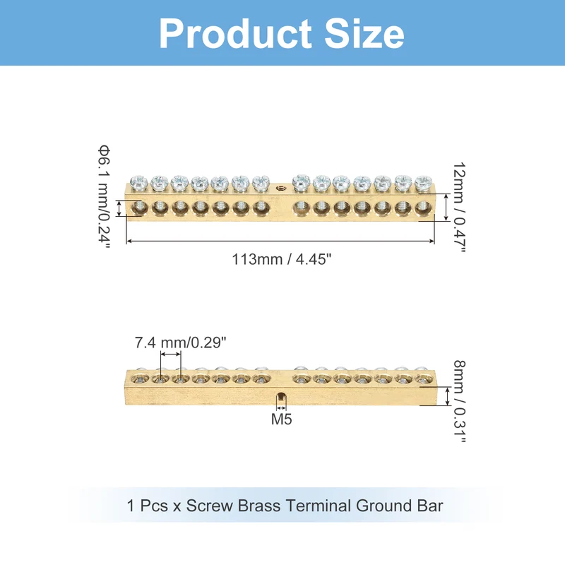 1 Pcs Terminal Ground Bar 14 Positions M5 113x8x12mm Screw Block Barrier Brass