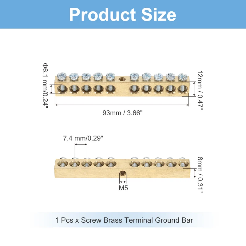 1 Pcs Terminal Ground Bar 10 Positions M5 93x8x12mm Screw Block Barrier Brass