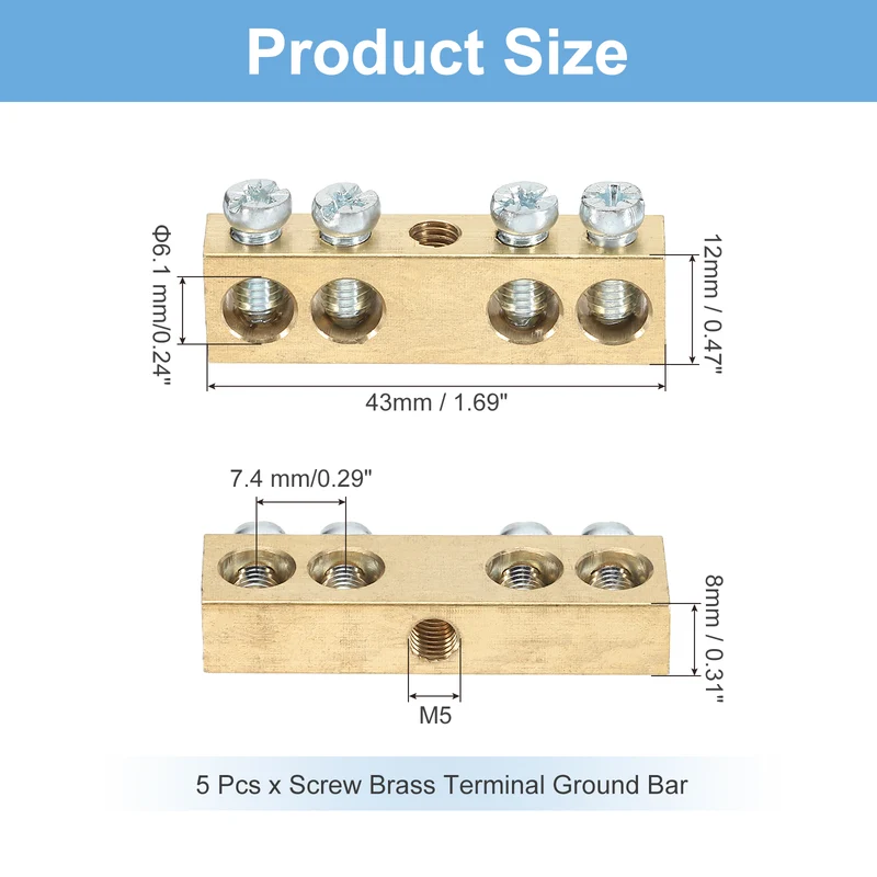 5 Pcs Terminal Ground Bar 4 Positions M5 37.9x8x12mm Screw Block Barrier Brass