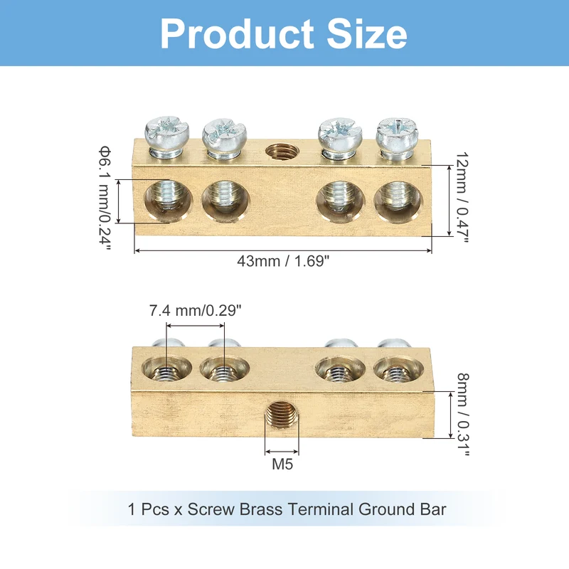 1 Pcs Terminal Ground Bar 4 Positions M5 43x8x12mm Screw Block Barrier Brass