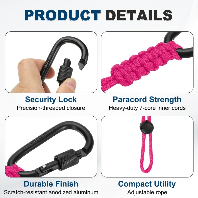 2 Pcs Paracord Keychain Carabiner Clip D Ring Hook, Rose Red