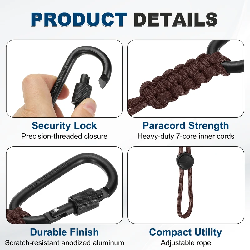 2 Pcs Paracord Keychain Carabiner Clip D Ring Hook, Coffee