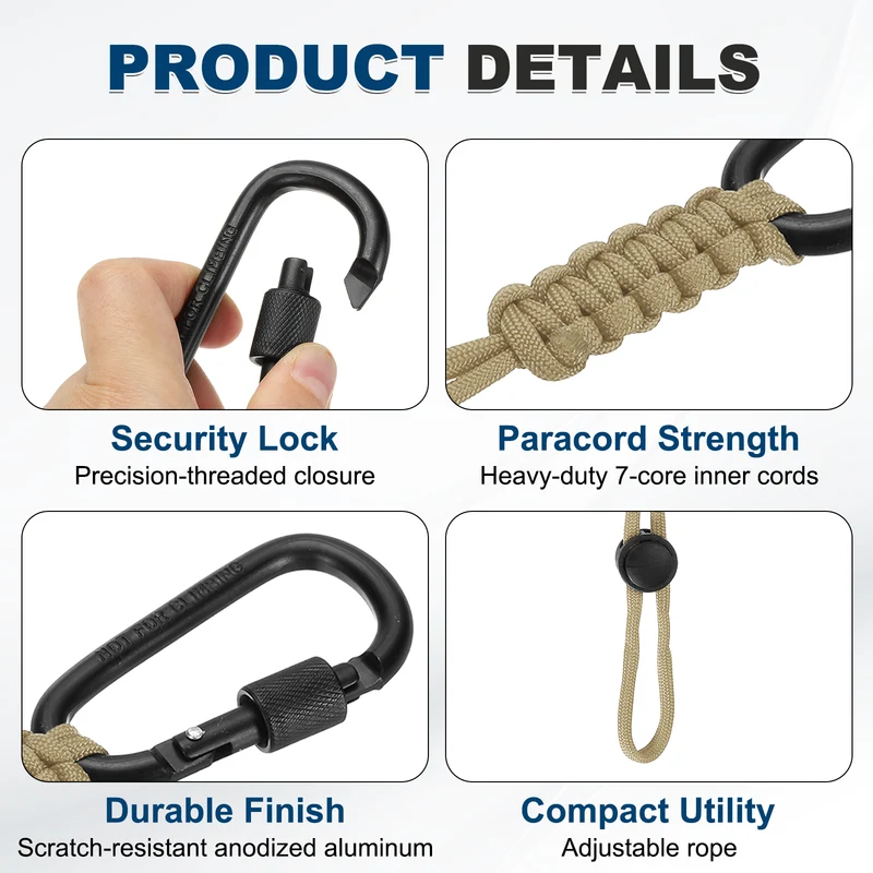 2 Pcs Paracord Keychain Carabiner Clip D Ring Hook, Beige