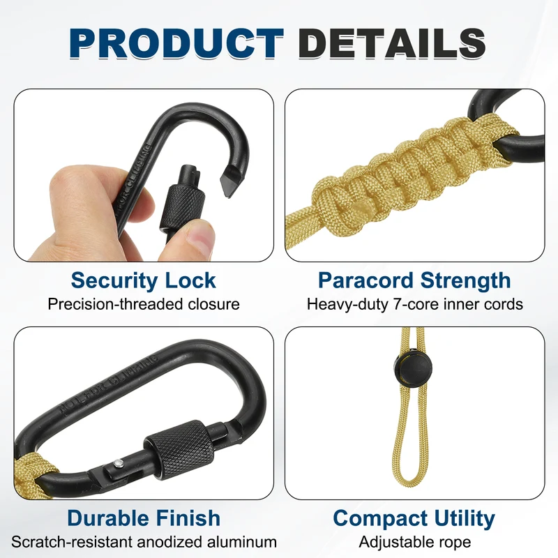 2 Pcs Paracord Keychain Carabiner Clip D Ring Hook, Light Gold