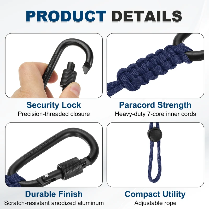 2 Pcs Paracord Keychain Carabiner Clip D Ring Hook, Navy Blue
