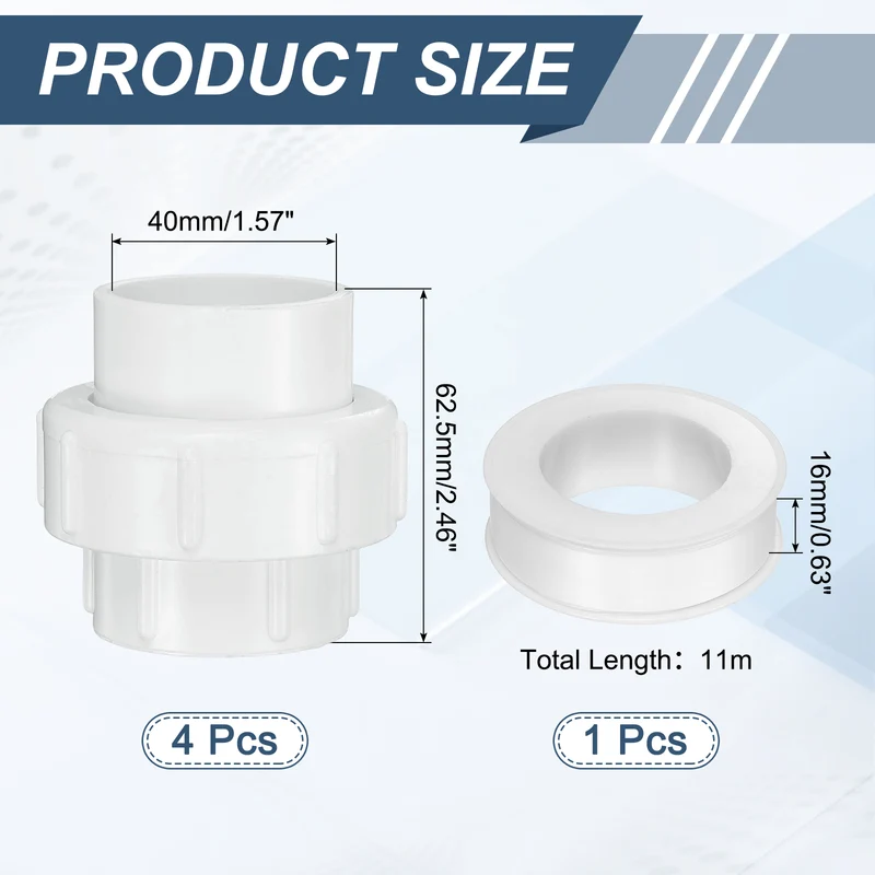 4Pcs 40mm(1-1/4") PVC-Union Coupling Pipe Fitting Slip Joint Adapter, White
