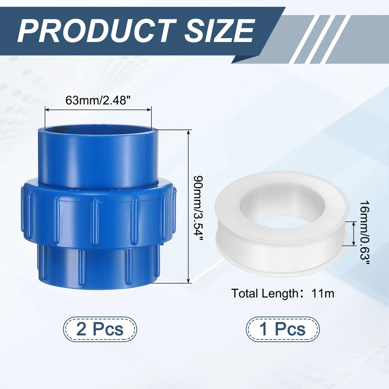 2Pcs 63mm(2") PVC-Union Coupling Pipe Fitting Slip Joint Adapter, Blue