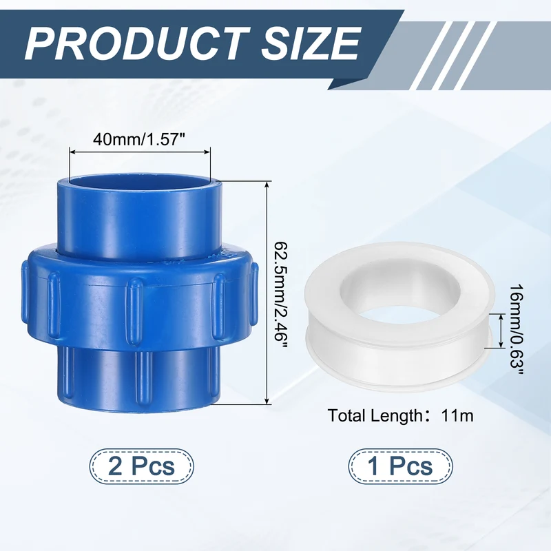 2Pcs 40mm(1-1/4") PVC-Union Coupling Pipe Fitting Slip Joint Adapter, Blue