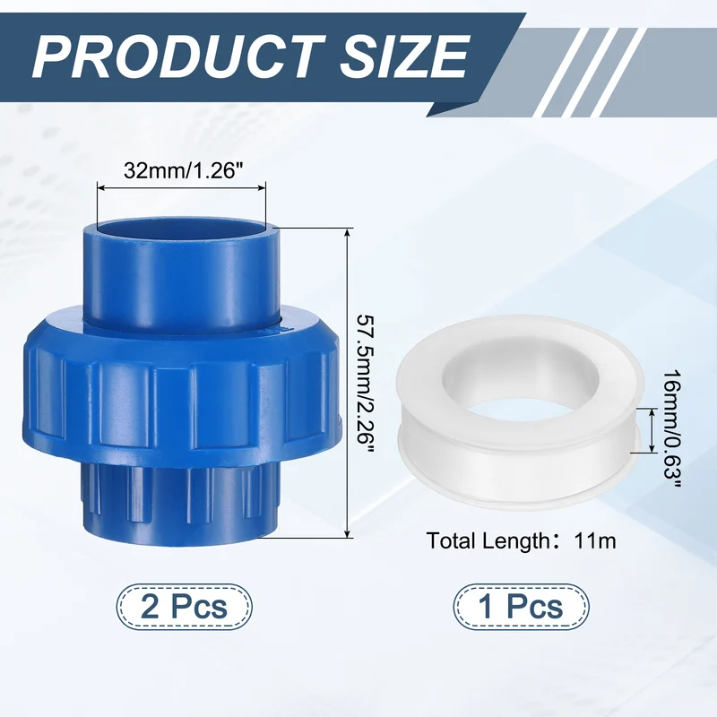 2Pcs 32mm(1") PVC-Union Coupling Pipe Fitting Slip Joint Adapter, Blue