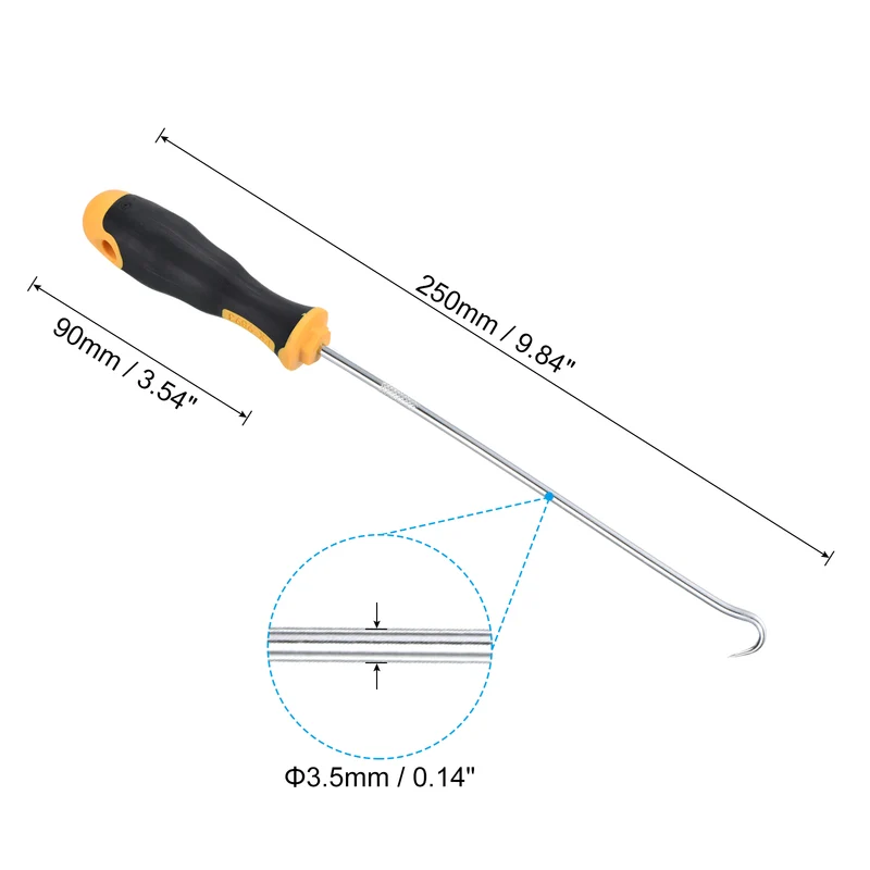 O-Ring 90 Degree Hook 250mm, Oil Seal Gasket Precision Screwdriver Puller Remover Removal Tool, Yellow