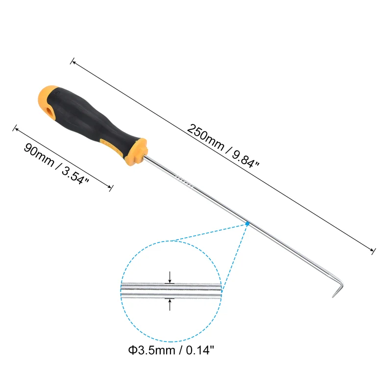 O-Ring 90 Degree Pick 250mm, Oil Seal Gasket Precision Screwdriver Puller Remover Removal Tool, Yellow