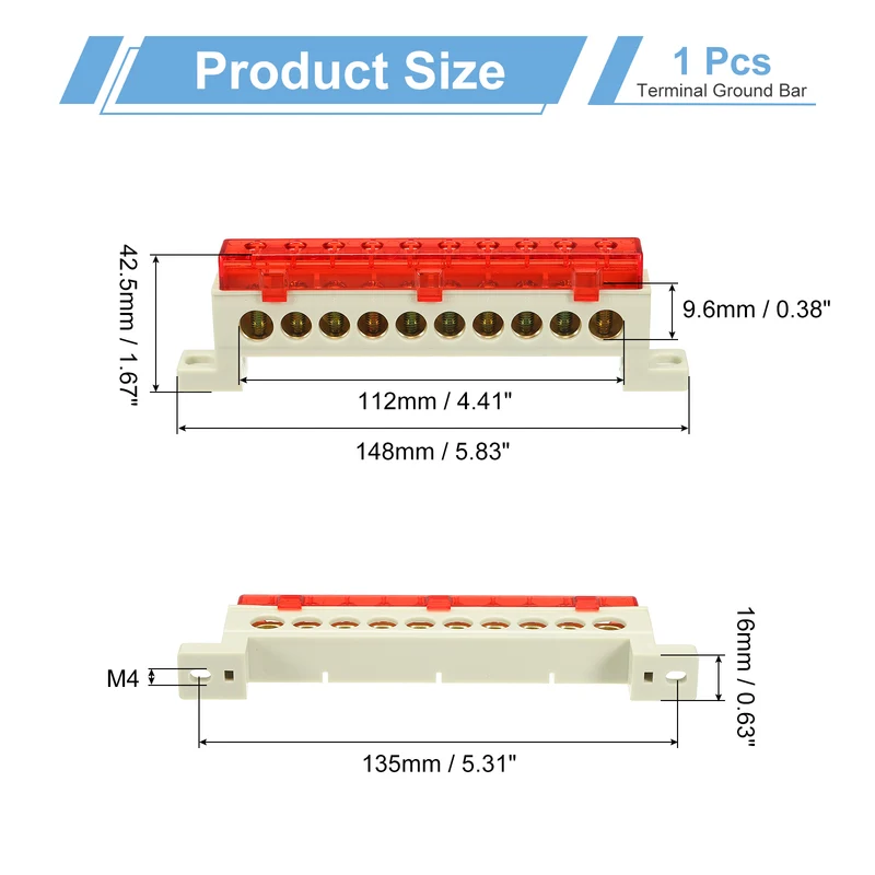 Terminal Ground Bar, 10 Positions 9x14mm Ground Block for Electrical, Red
