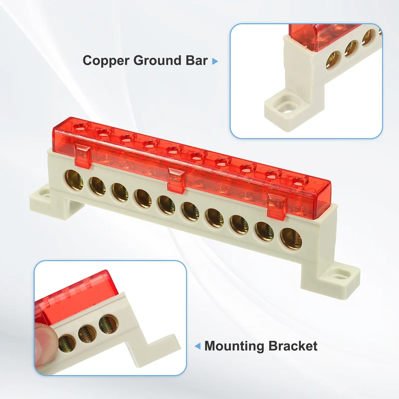 Terminal Ground Bar, 10 Positions 9x14mm Ground Block for Electrical, Red