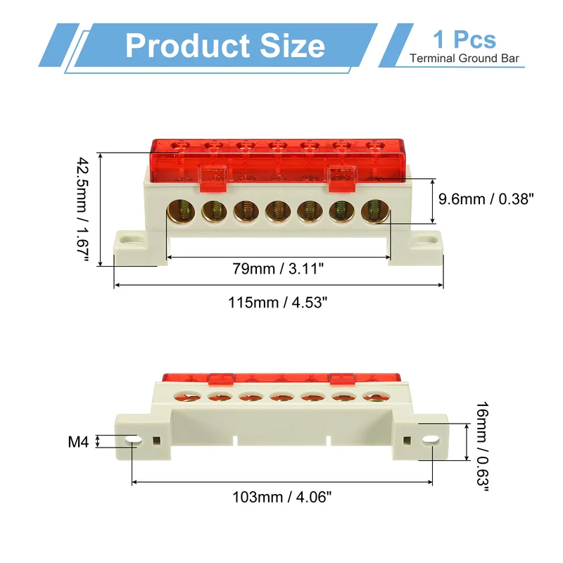Terminal Ground Bar, 7 Positions 9x14mm Ground Block for Electrical, Red