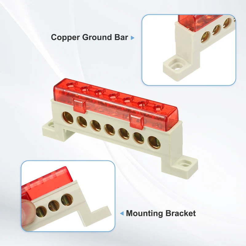 Terminal Ground Bar, 7 Positions 9x14mm Ground Block for Electrical, Red