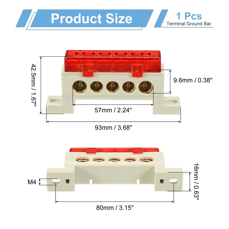 Terminal Ground Bar, 5 Positions 9x14mm Ground Block for Electrical, Red