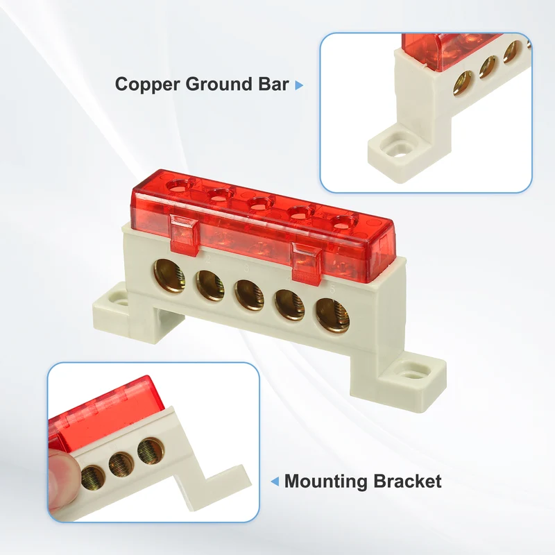 Terminal Ground Bar, 5 Positions 9x14mm Ground Block for Electrical, Red