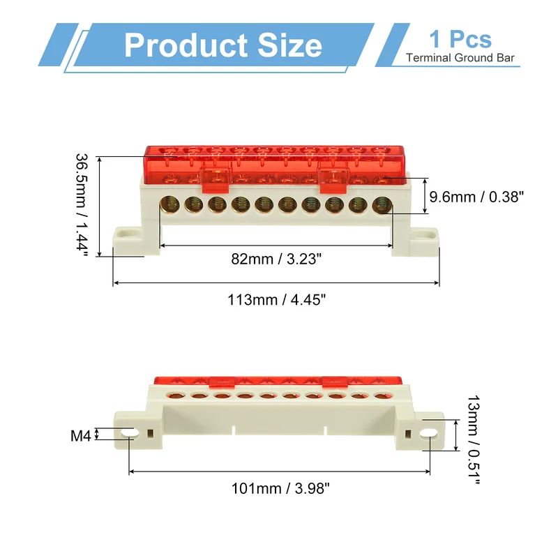 Terminal Ground Bar, 10 Positions 7x11mm Ground Block for Electrical, Red
