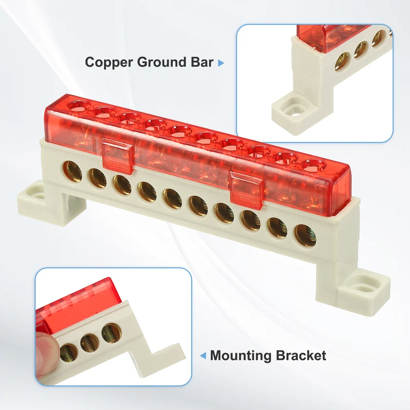 Terminal Ground Bar, 10 Positions 7x11mm Ground Block for Electrical, Red