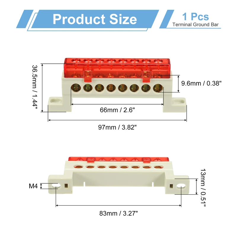 Terminal Ground Bar, 8 Positions 7x11mm Ground Block for Electrical, Red