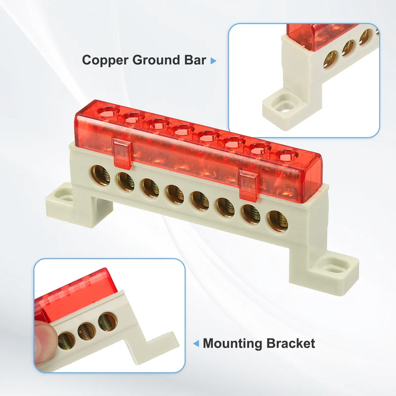 Terminal Ground Bar, 8 Positions 7x11mm Ground Block for Electrical, Red
