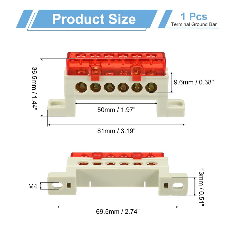 Terminal Ground Bar, 6 Positions 7x11mm Ground Block for Electrical, Red