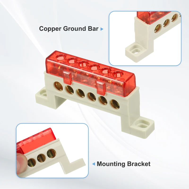 Terminal Ground Bar, 6 Positions 7x11mm Ground Block for Electrical, Red
