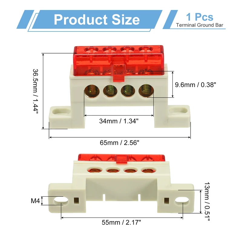 Terminal Ground Bar, 4 Positions 7x11mm Ground Block for Electrical, Red