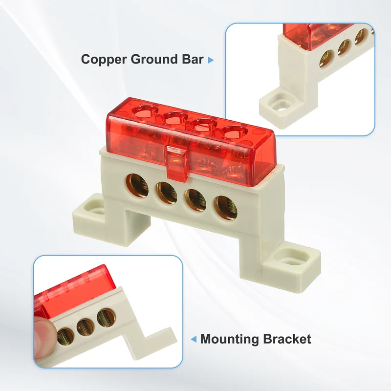 Terminal Ground Bar, 4 Positions 7x11mm Ground Block for Electrical, Red