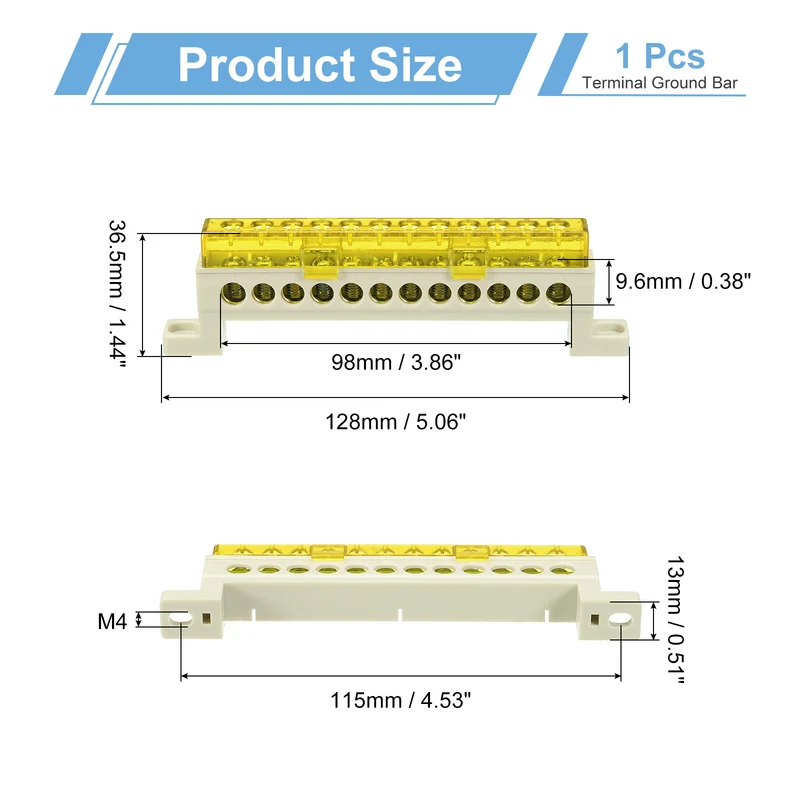 Terminal Ground Bar, 12 Positions 7x11mm Ground Block for Electrical, Yellow