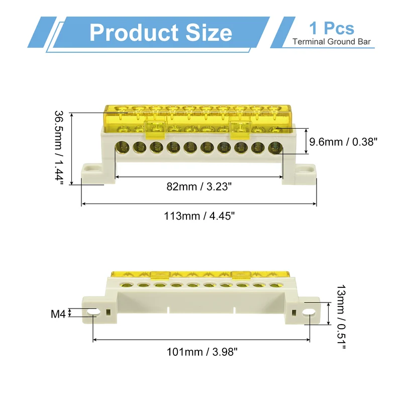 Terminal Ground Bar, 10 Positions 7x11mm Ground Block for Electrical, Yellow