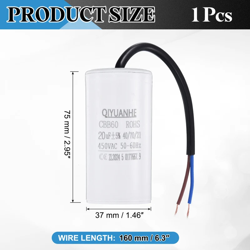 CBB60 20uf Running Capacitor 450VAC 50/60Hz 75x37mm