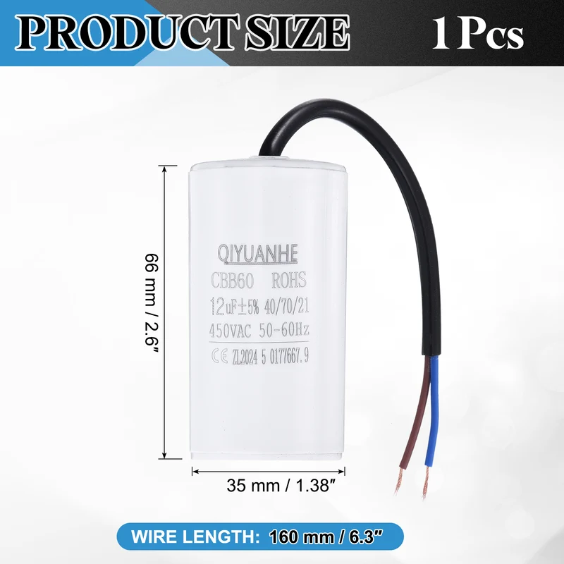 CBB60 12uf Running Capacitor 450VAC 50/60Hz 66x35mm