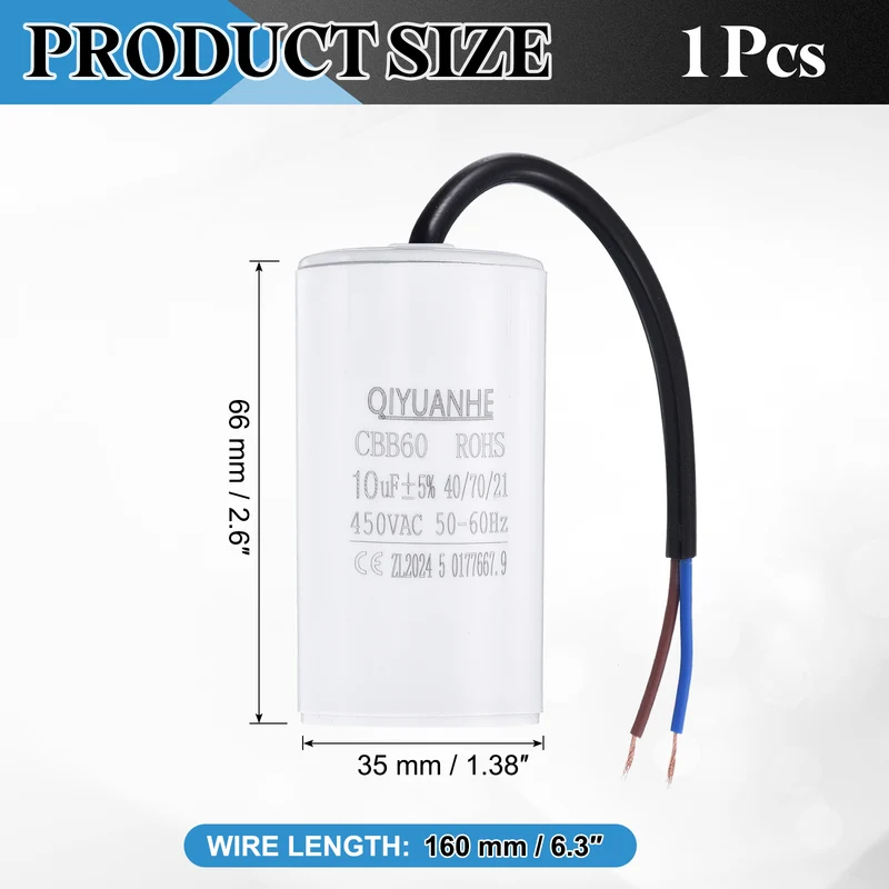 CBB60 10uf Running Capacitor 450VAC 50/60Hz 66x35mm