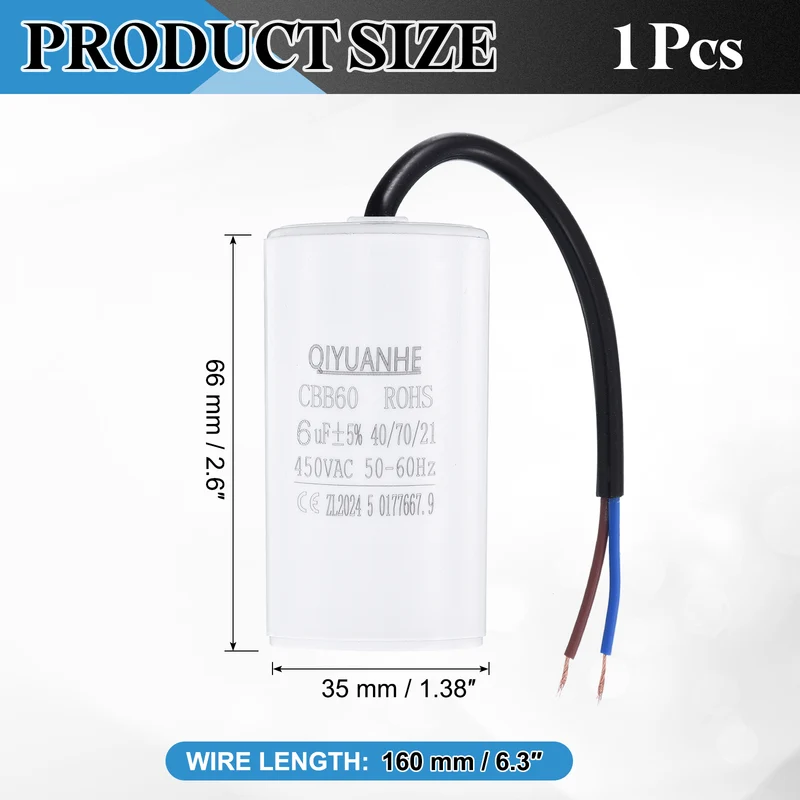 CBB60 6uf Running Capacitor 450VAC 50/60Hz 66x35mm