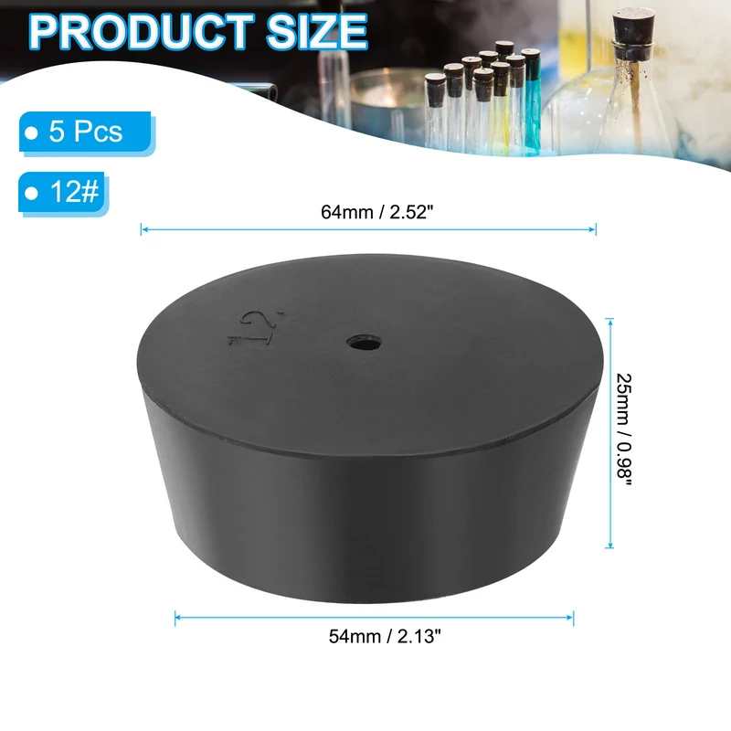 5Pcs Drilled Rubber Stopper, Tapered Lab Seal Rubbers Stoppers Lab Plug, Black