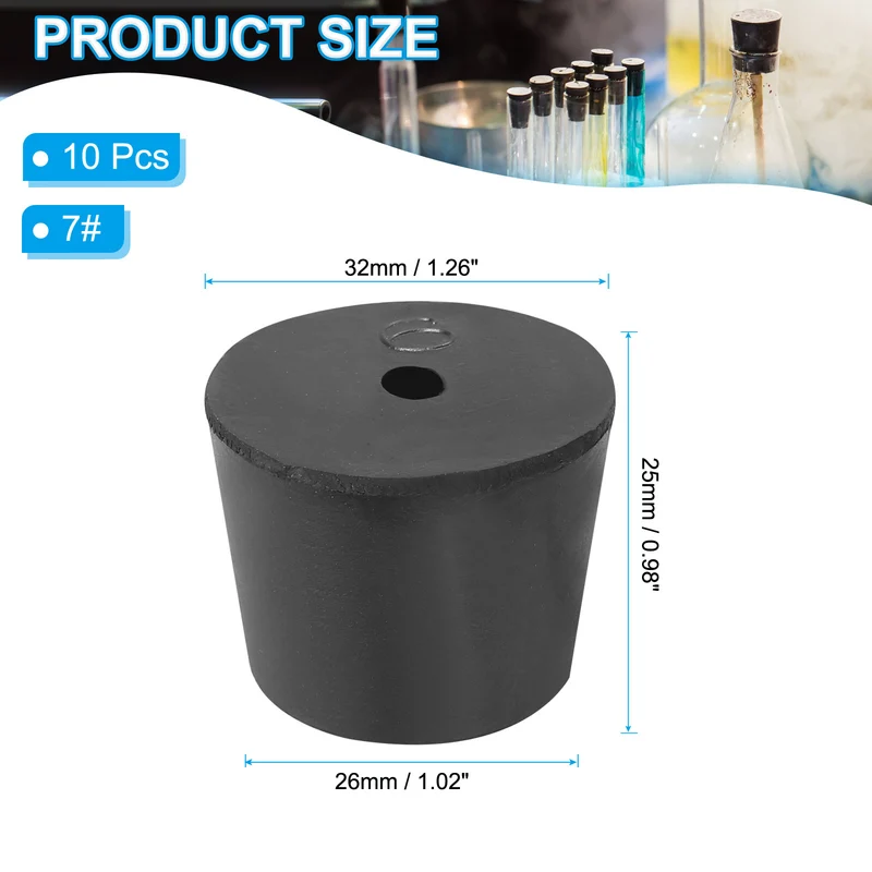 10Pcs Drilled Rubber Stopper, Tapered Labs Seal Rubber Stopper Labs Plug, Black