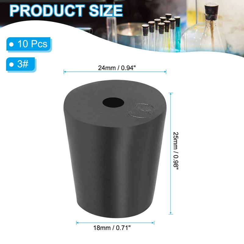 10Pcs Drilled Rubber Stopper,Tapered Lab Seal Rubber Stopper Lab Plug, Black