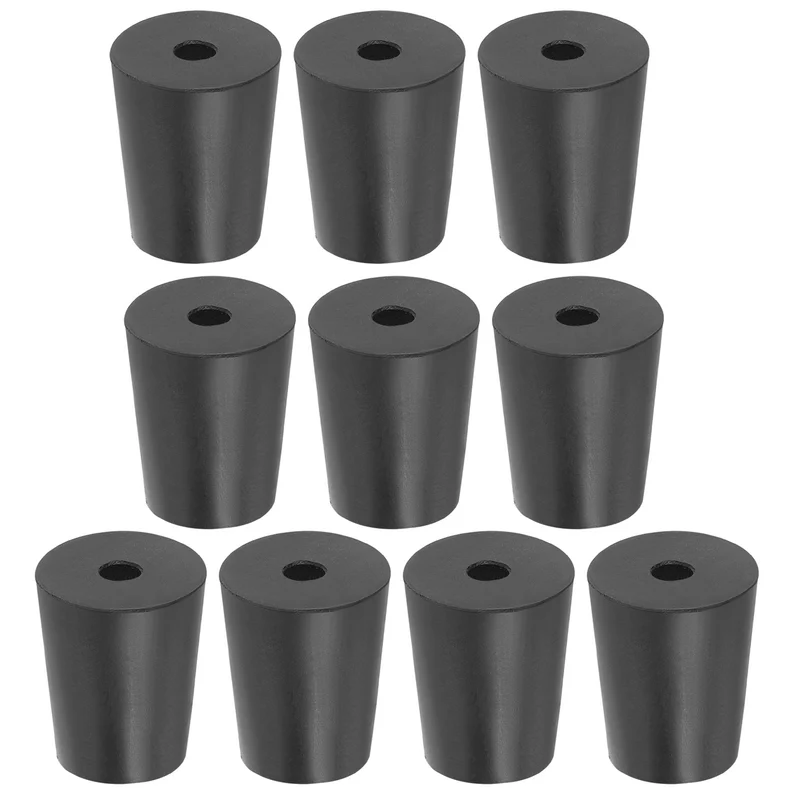 10Pcs Drilled Rubber Stoppers,Tapered Lab Sealing Rubber Stopper Lab Plug, Black