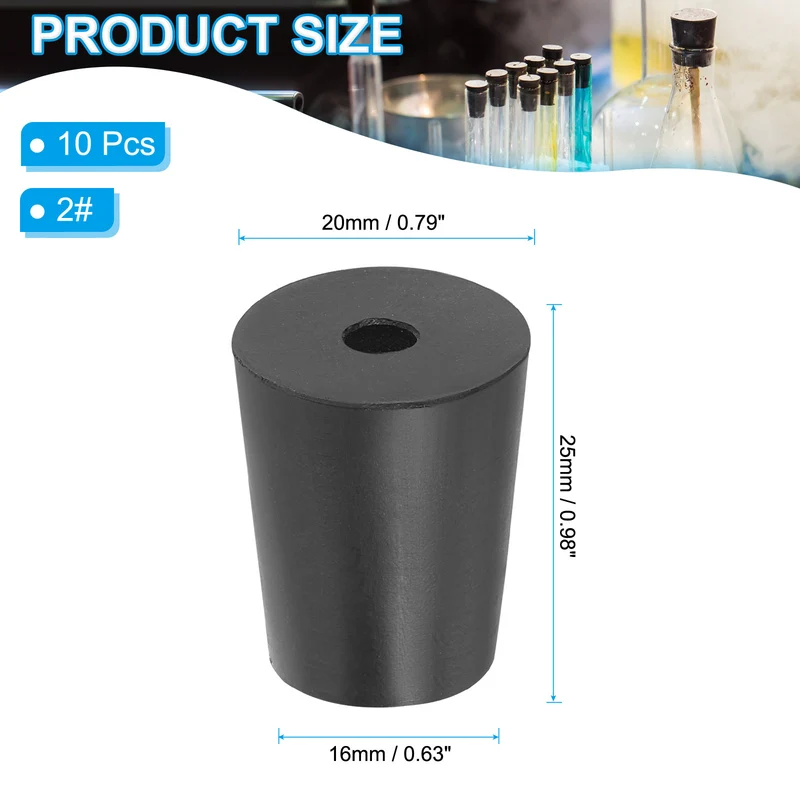 10Pcs Drilled Rubber Stoppers,Tapered Lab Sealing Rubber Stopper Lab Plug, Black
