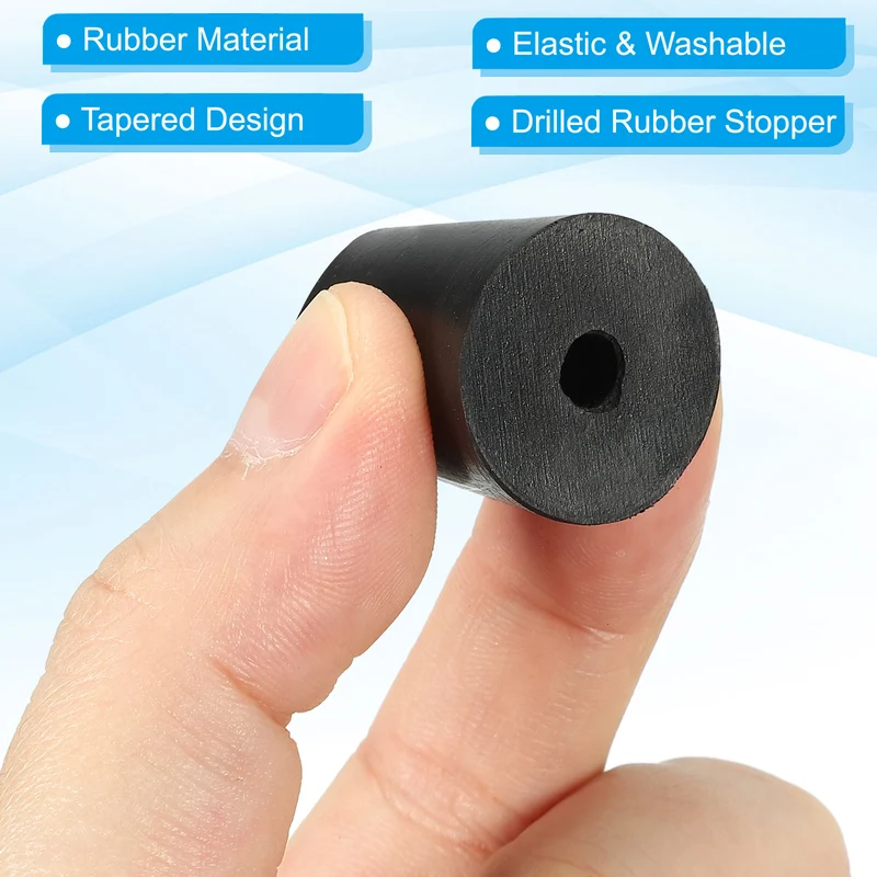 10Pcs Drilled Rubber Stoppers,Tapered Lab Sealing Rubber Stopper Lab Plug, Black