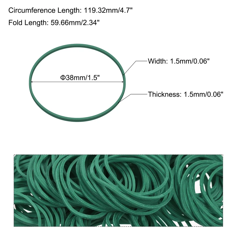 Rubber Band Stretchable Rubber Elastic Band Green 1.5inch Dia 0.06inch Thick for Home Office Pack of 700