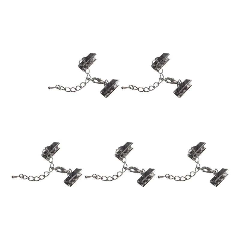 20Sets Ribbon Crimp Clamp Ends with Lobster Claw Clasps & Extension Chain, 16mm Cord End Clasps for DIY Craft Making, Metallic Black