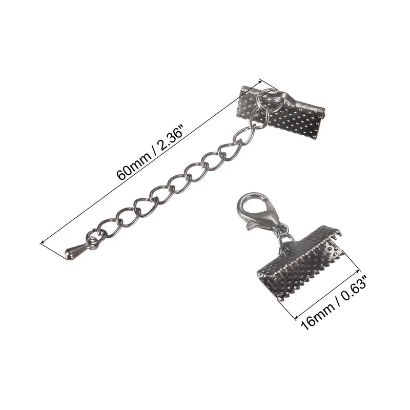 20Sets Ribbon Crimp Clamp Ends with Lobster Claw Clasps & Extension Chain, 16mm Cord End Clasps for DIY Craft Making, Metallic Black