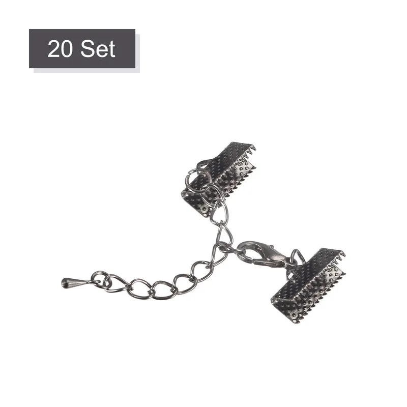 20Sets Ribbon Crimp Clamp Ends with Lobster Claw Clasps & Extension Chain, 16mm Cord End Clasps for DIY Craft Making, Metallic Black