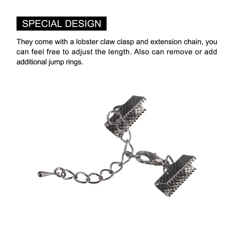 20Sets Ribbon Crimp Clamp Ends with Lobster Claw Clasps & Extension Chain, 16mm Cord End Clasps for DIY Craft Making, Metallic Black